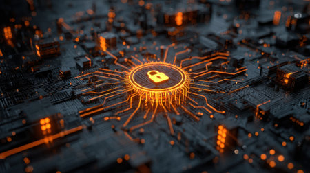 A close-up view of a digital circuit board featuring a bright lock symbol at the center. The circuit is illuminated with orange lines highlighting the importance of cybersecurity and data protection.の素材