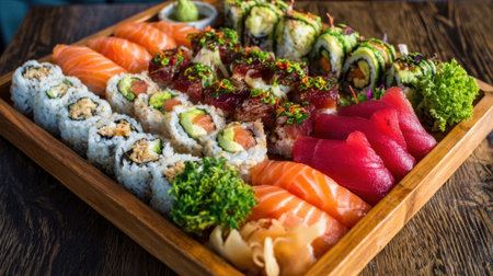 A colorful assortment of sushi rolls, sashimi, and fresh seafood is artistically arranged on a wooden tray. The platter showcases various ingredients, garnishes, and vibrant colors.の素材