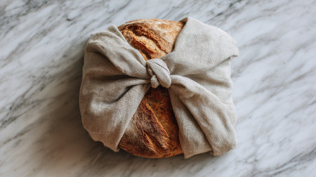 A round loaf of freshly baked bread is wrapped in a natural linen cloth, resting on a light marble surface. Sunlight highlights the texture of the loaf and cloth.の素材