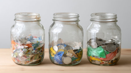 Three glass jars stand on a wooden surface, each containing a mix of coins and colorful paper money. The jars reflect natural light, showing a variety of textures.の素材