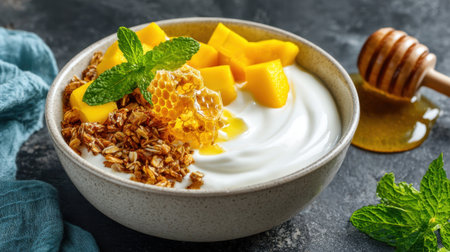 A bowl of creamy yogurt is topped with fresh mango pieces, crunchy granola, and honeycomb. A small drizzle of honey adds sweetness, creating a delicious breakfast or snack.の素材