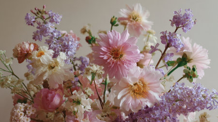 A vibrant bouquet filled with pink and purple flowers sits elegantly against a light background, showing the beauty of spring blooms in a decorative arrangement.の素材