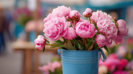 A cheerful display of pink peonies sits in a blue bucket at a lively flower market. The atmosphere is vibrant with colors, and spring is in full bloom.の素材