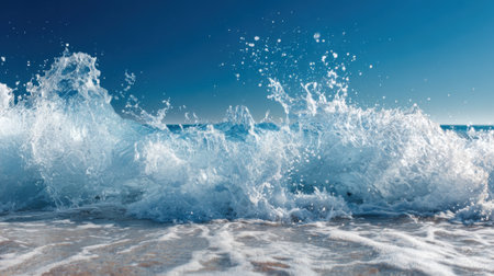 Bright sunlight illuminates the vibrant ocean waves as they crash onto the sandy beach. The scene captures the beauty of water and sand, creating a peaceful atmosphere.の素材