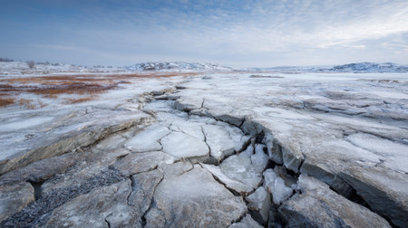 A vast frozen landscape features large cracks in the ice under a gray sky. The barren terrain shows signs of winter's grip, with surrounding hills in the distance and muted colors.の素材