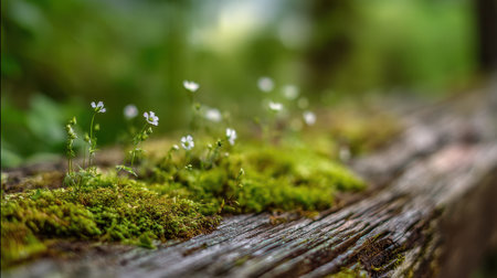 Delicate white flowers and vibrant green moss thrive on an old wooden plank, surrounded by a rich forest backdrop. Sunlight highlights this serene natural scene.の素材