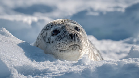 A seal is nestled in soft snow on a bright day, looking curiously into the distance. The sparkling ice surrounds it, creating a serene winter scene.の素材
