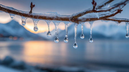Icicles dangle from a bare branch over a tranquil lake, reflecting warm colors of the sunset. The snowy surroundings create a peaceful winter scene.の素材