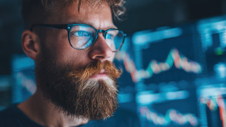 Focused man with glasses looks intently at stock market data displayed on screens. The room is dim, highlighting the glowing graphs and charts behind him.の素材