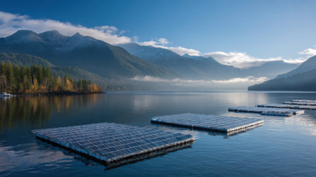 Floating solar panels are anchored on a serene lake, with mist rising from the water. Towering mountains surround the area, illuminated by the soft morning glow.の素材