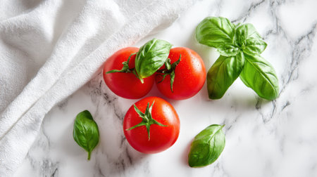 Three ripe, red tomatoes sit alongside vibrant green basil leaves on a marble countertop, perfect for adding flavor to dishes or salads.の素材