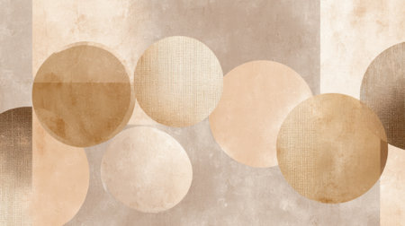 This artwork displays an array of circular shapes in warm tones on a textured background. The balance of colors creates a soothing visual experience suitable for various settings.の素材