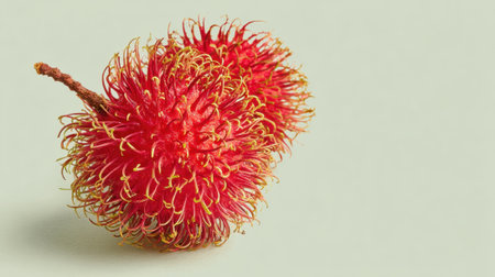 Two rambutan fruits sit side by side, displaying their bright red skin and hairy exterior. This tropical fruit is known for its sweet taste and juicy texture, popular in many regions.の素材