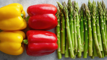 Bright yellow and red bell peppers sit alongside fresh green asparagus, creating a colorful scene perfect for meal preparation.の素材