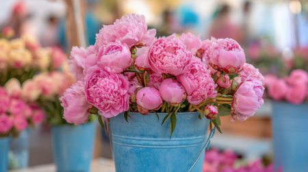 Colorful flower market filled with vibrant blooms showcases a bucket of fresh pink peonies. People browse nearby, enjoying the lively atmosphere of spring.の素材