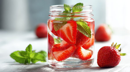 Sliced strawberries and fresh mint leaves are placed in a jar of water on a bright kitchen table. This setup creates a refreshing drink for warm summer days.の素材
