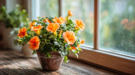 Vibrant orange flowers bloom in a clay pot on a wooden windowsill. Rain falls outside, adding a tranquil mood to the indoor space filled with greenery.の素材