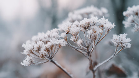 A small plant covered in frost stands in a chilly winter landscape. The delicate ice crystals sparkle in the soft light of early morning, showing nature's beauty.の素材