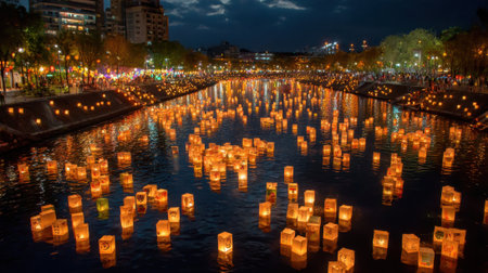 Beautiful lanterns illuminate the water as they float down the river during a night festival. The scene captures the joyful atmosphere of people celebrating together in a lively city.の素材