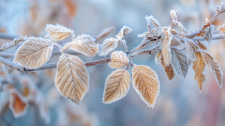 Delicate leaves covered in frost glisten as the morning sun rises, showing the beauty of nature in a cold winter setting. The scene captures tranquility and the change of seasons.の素材