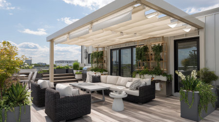 A stylish rooftop terrace featuring cozy seating surrounded by plants and greenery. The space is bright and open, showcasing city views under a clear blue sky during the day.の素材