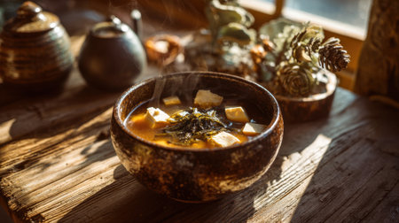 A steaming bowl of rich soup sits on a rustic wooden table. Soft light filters through a window, highlighting herbs and a cozy atmosphere.の素材