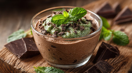 Delicious chocolate mousse is served in a clear glass bowl. The dessert is topped with fresh mint leaves and chocolate shavings, placed on a rustic wooden table.の素材