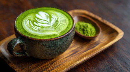 A beautifully crafted matcha latte features intricate leaf designs on top. It is served in a rustic stone cup on a wooden tray, accompanied by a small bowl of green matcha powder.の素材