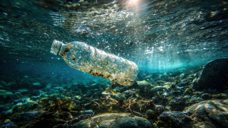 A plastic bottle drifts underwater among rocks and seaweed in a clear ocean scene. Sunlight filters through the water, creating a beautiful display.の素材