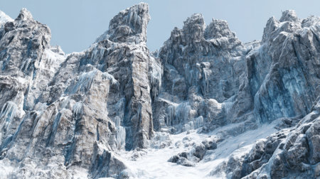 Snow-covered mountains rise dramatically against a clear blue sky, displaying stunning icy cliffs and rocky textures. Winter's beauty creates a breathtaking landscape scene.の素材