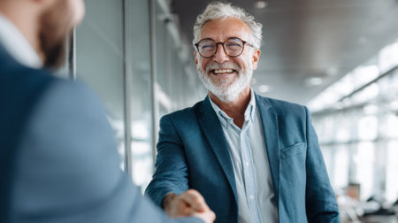 Two business professionals shake hands in a modern office environment, showcasing a moment of agreement and collaboration. The atmosphere is friendly and professional.の素材