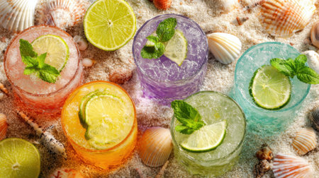 Brightly colored drinks with lime slices and mint leaves sit on sandy beach. Seashells surround the glasses, creating a vibrant summer scene perfect for relaxation.の素材