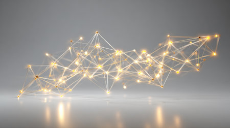 Glowing lines and nodes create an intricate network against a smooth gray background. This setup emphasizes the beauty of connectivity, representing data and interactions.の素材