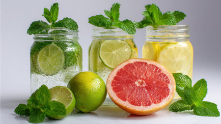 Three mason jars filled with sparkling citrus drinks, featuring lime slices and topped with mint leaves. Fresh lemons and grapefruit are placed beside the jars, creating a bright, inviting scene.の素材