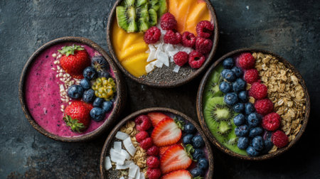 Brightly colored smoothie bowls filled with berries, kiwi, mango, and coconut flakes create an appealing and healthy arrangement that looks delicious and nutritious.の素材