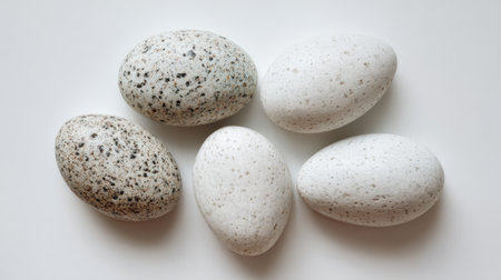 Smooth and speckled eggs are neatly arranged in a casual layout on a plain white surface, showing their unique textures and colors during natural light.の素材