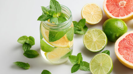 Bright and colorful citrus drink features mint leaves and slices of lemon, lime, and grapefruit. Perfect for a refreshing summer beverage in any setting.の素材