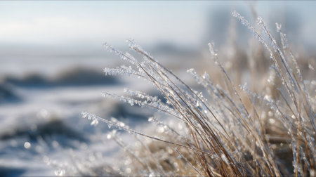 Frost-covered grass stands tall in the sunlight, reflecting crystals on a cold winter morning. The snowy ground stretches into the horizon, creating a tranquil scene.の素材