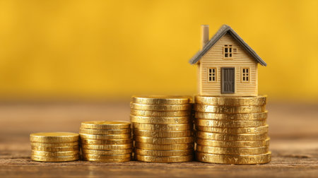A small house model rests on a pile of gold coins, suggesting themes of real estate investment, financial planning, and wealth accumulation. The background features a warm yellow hue.の素材