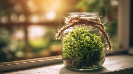 A glass jar holds vibrant green moss on a sunny windowsill, capturing the essence of nature. Sunlight filters through the leaves, creating a warm atmosphere.の素材