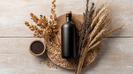 A black glass bottle is placed on a wooden board surrounded by various grains and dried flowers. The setting has a natural, earthy feel, emphasizing simplicity and beauty.の素材