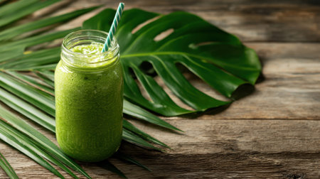 A vibrant green smoothie sits in a jar, featuring a striped straw. The drink is surrounded by large tropical leaves on a rustic wooden table, creating a fresh, natural atmosphere.の素材