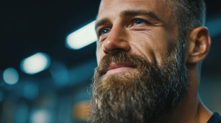 A bearded man smiles confidently in a fitness center. His blue eyes shine with determination as he enjoys the atmosphere while working out amongst various gym equipment.の素材