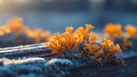 Bright orange lichen clusters thrive on a wooden surface blanketed in frost. The scene captures the tranquility of a winter morning, illuminated by soft sunrise light.の素材