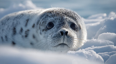 A young seal lies on a pure white snow patch, gazing curiously, surrounded by icy terrain. The animal enjoys the peaceful winter landscape as it basks in the cold sun.の素材