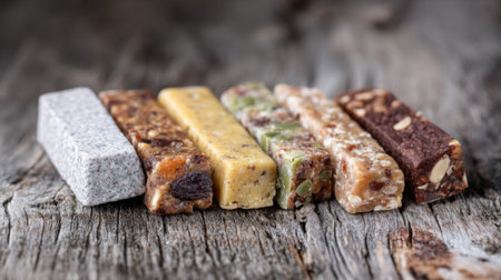 Various homemade snack bars with different flavors are arranged neatly on an aged wooden surface. Each bar showcases unique colors and ingredients, highlighting healthy options for snacking.の素材