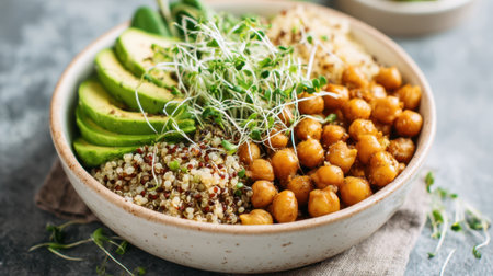 A delicious quinoa bowl features roasted chickpeas, creamy avocado, fresh sprouts, and leafy greens, presented in a simple rustic dish. Perfect for a nutritious meal.の素材