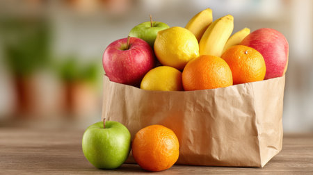 A brown paper bag filled with a lively mix of fresh fruits sits on a wooden table. Apples, bananas, oranges, lemons, and green apples create a vibrant display in a kitchen setting.の素材