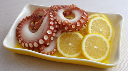 Juicy octopus tentacles are arranged neatly on a yellow plate alongside thick lemon slices. This dish showcases vibrant colors and fresh seafood, perfect for enjoying in warm weather.の素材