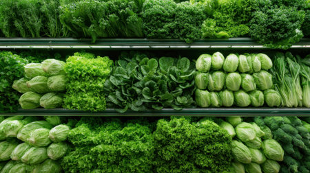 A variety of green vegetables are neatly arranged on shelves in a grocery store. Lettuce, kale, broccoli, and other greens create a vibrant, healthy scene. Customers browse the fresh produce.の素材